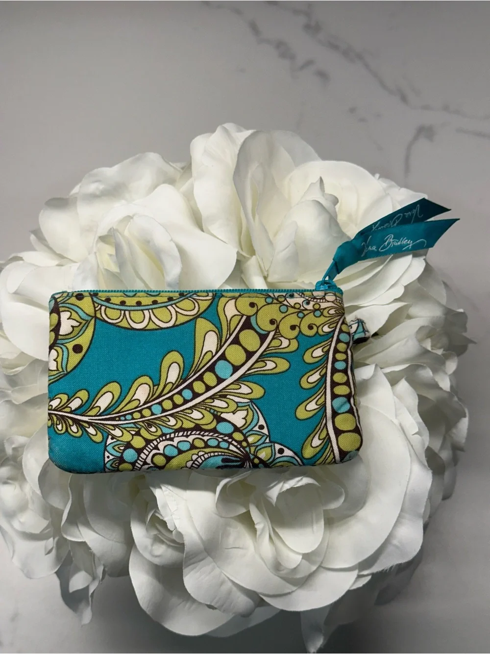 🌹 Vera Bradley Teal and Lime Paisley Mini Zip Pouch